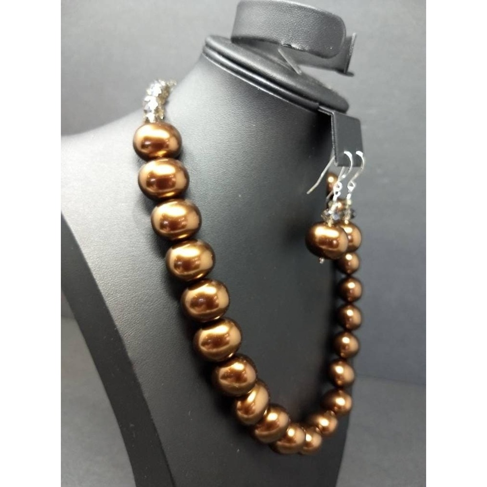 Earthy, Brown Large 14mm Shell Pearl Necklace and Earring Set Great GIft Idea!